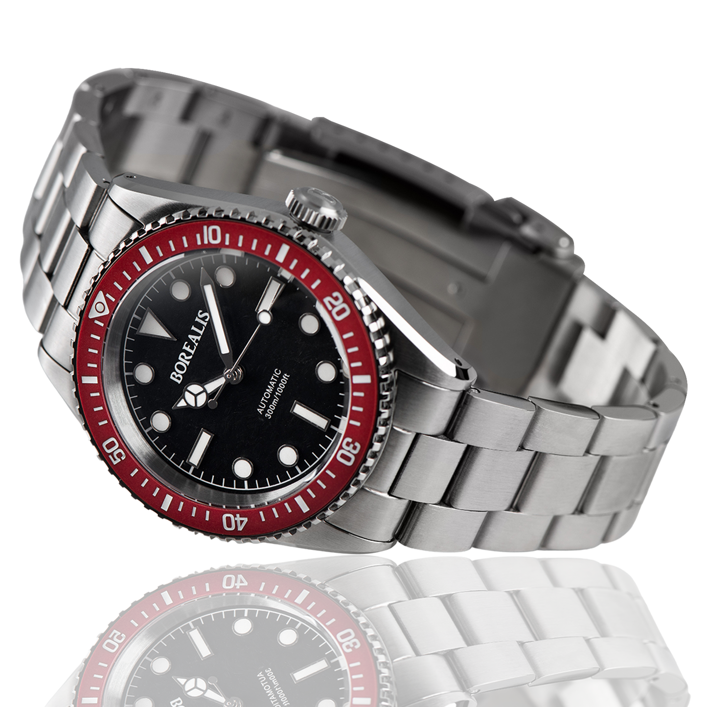 Borealis Bull Shark V2 Black Dial Mercedes Hands - Red Ceramic Bezel - No Date