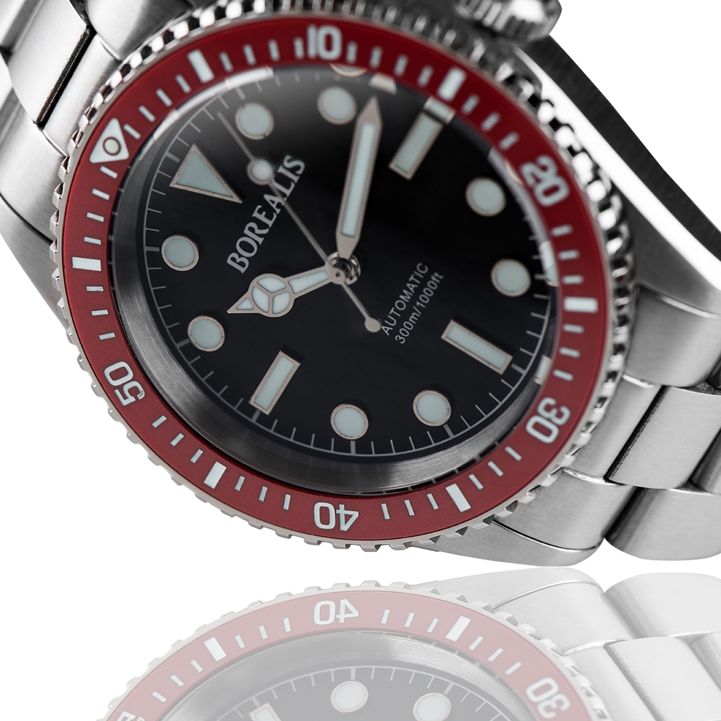 Borealis Bull Shark V2 Black Dial Mercedes Hands - Red Ceramic Bezel - No Date