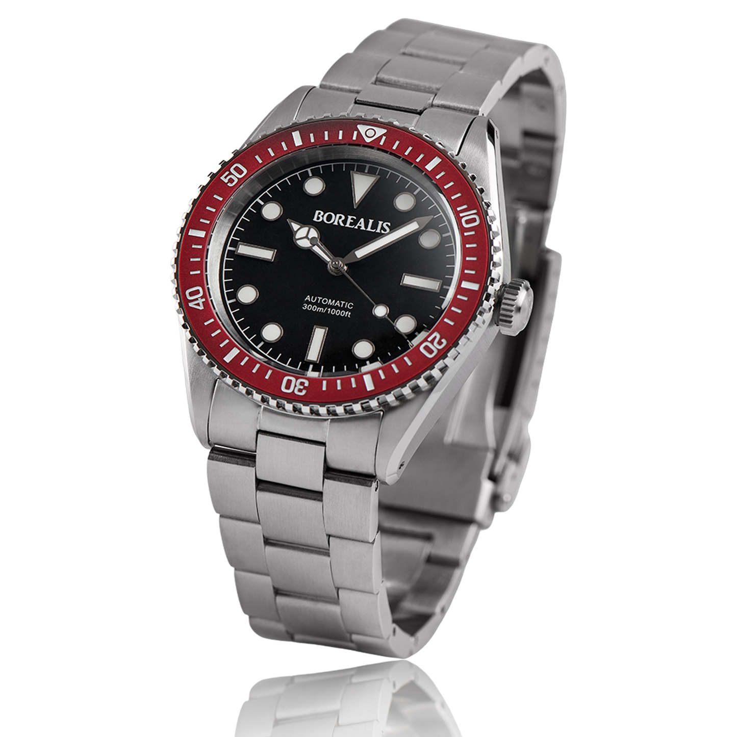 Borealis Bull Shark V2 Black Dial Mercedes Hands - Red Ceramic Bezel - No Date