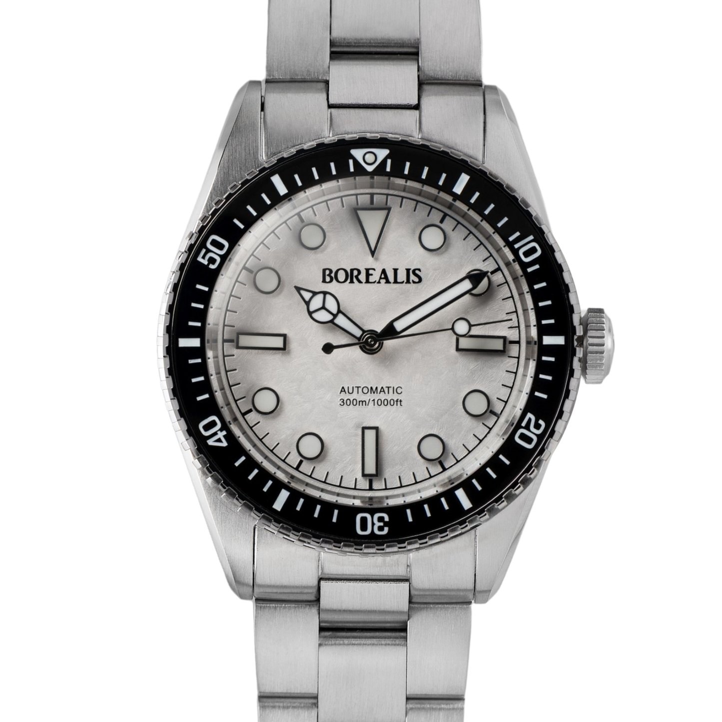 Borealis Bull Shark V2 White Dial Mercedes Hands - Black Ceramic Bezel - No Date