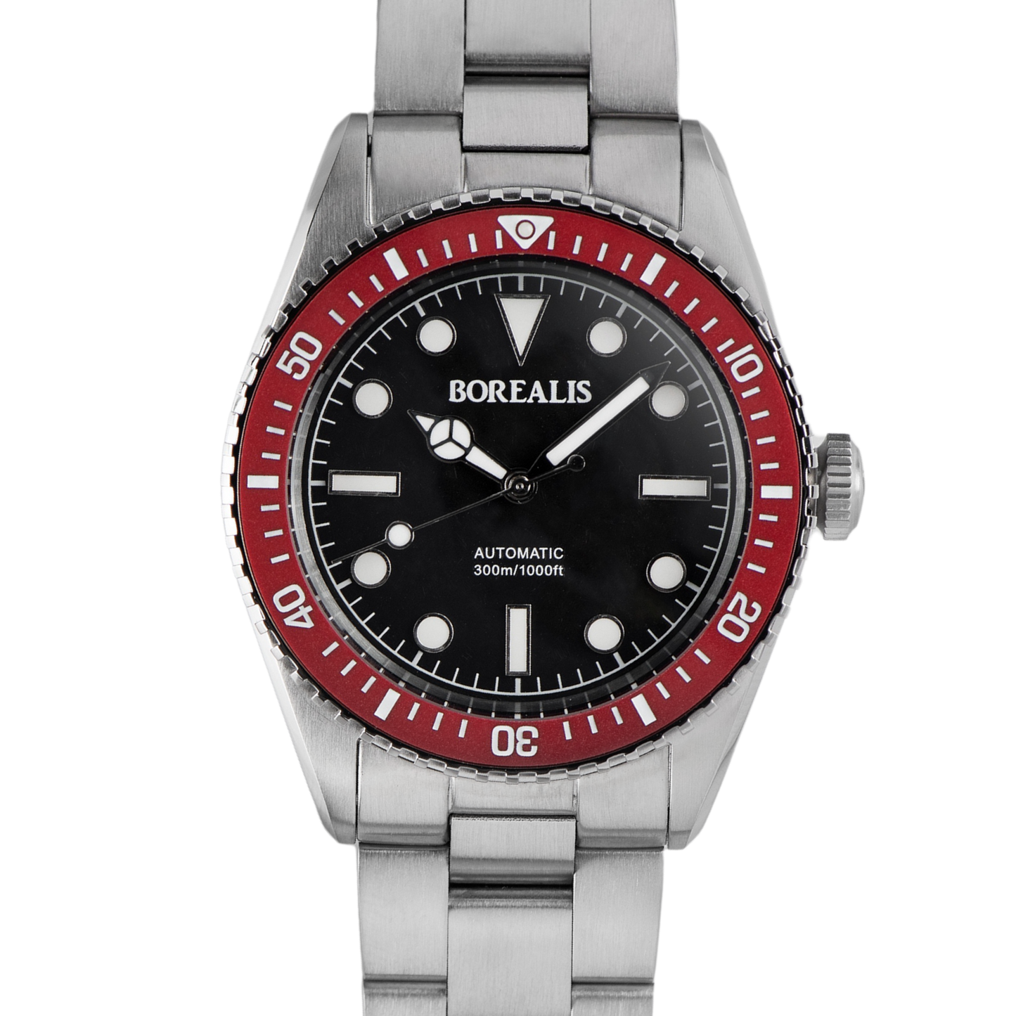 Borealis Bull Shark V2 Black Dial Mercedes Hands - Red Ceramic Bezel - No Date