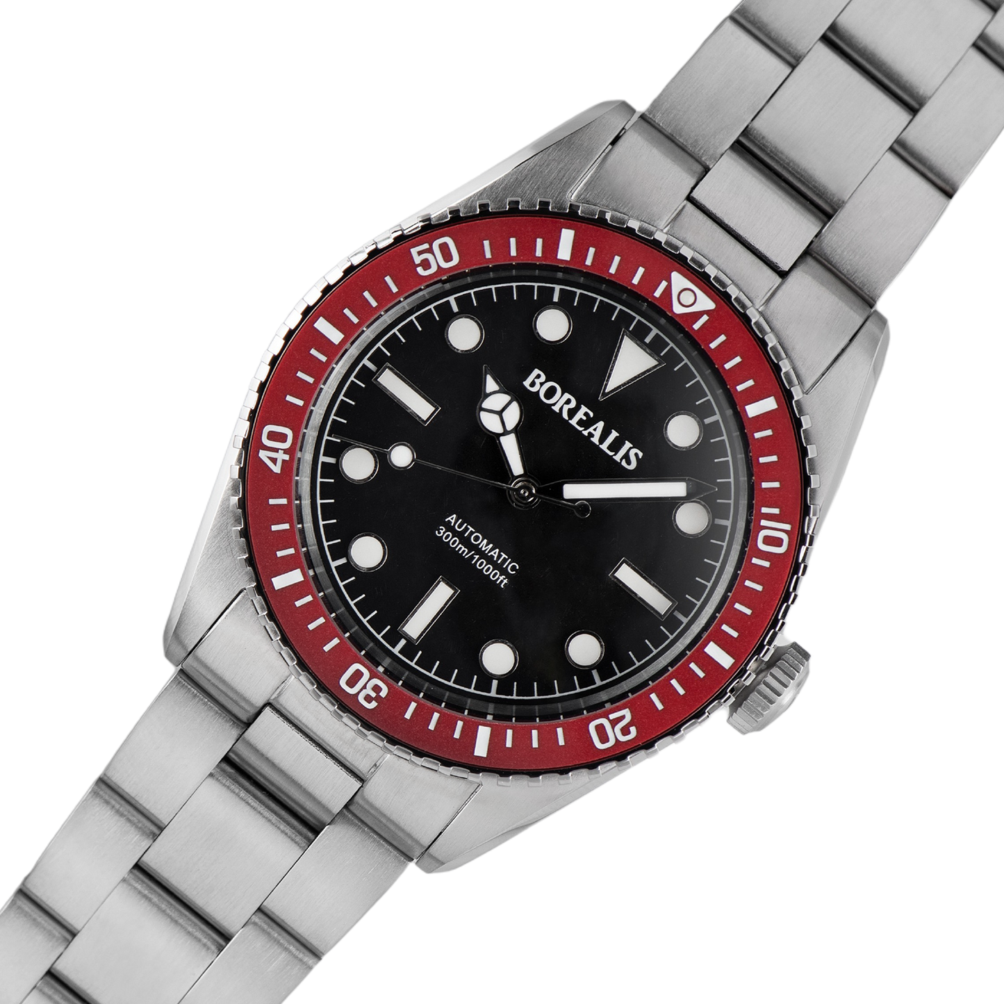 Borealis Bull Shark V2 Black Dial Mercedes Hands - Red Ceramic Bezel - No Date