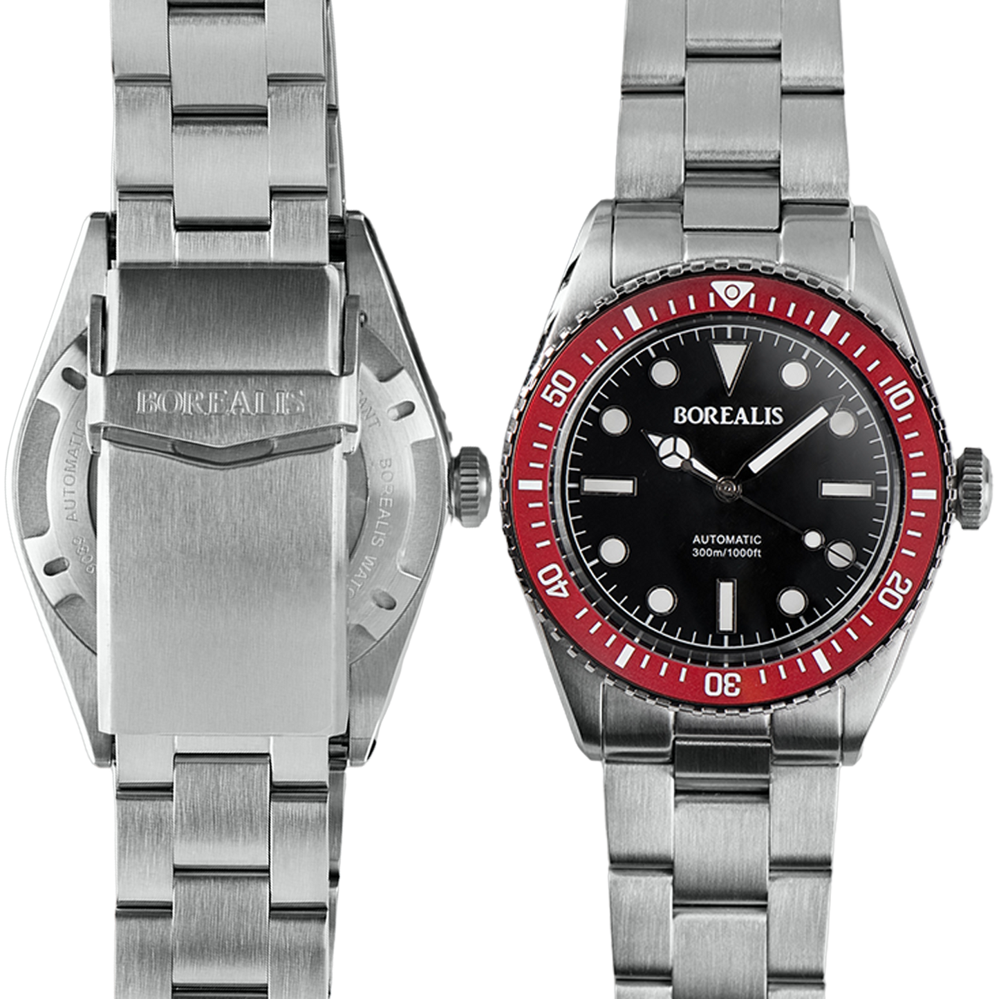 Borealis Bull Shark V2 Black Dial Mercedes Hands - Red Ceramic Bezel - No Date