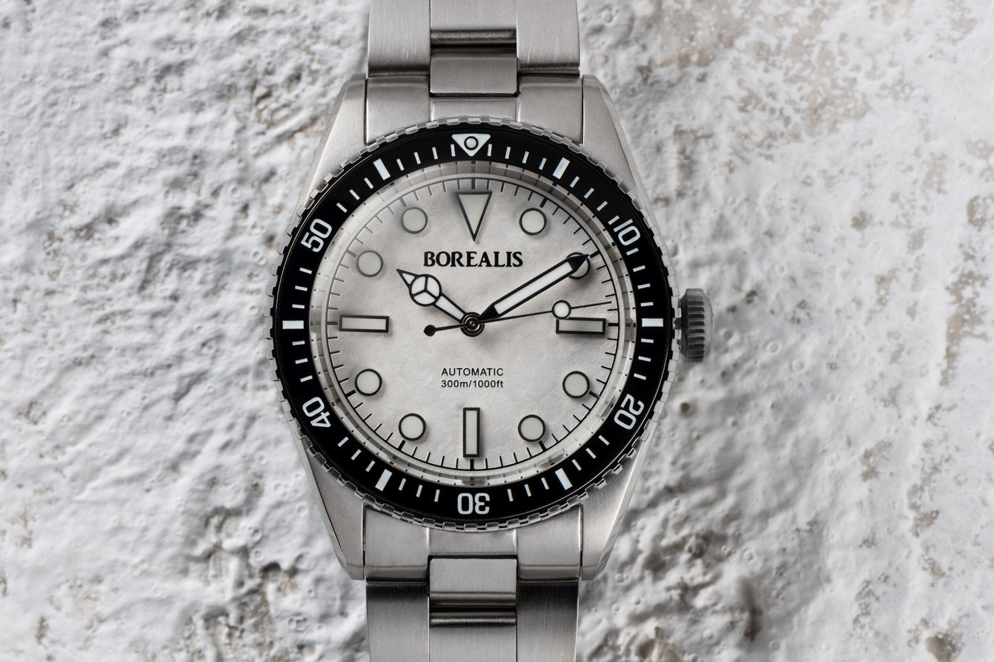 Borealis Bull Shark V2 White Dial Mercedes Hands - Black Ceramic Bezel - No Date