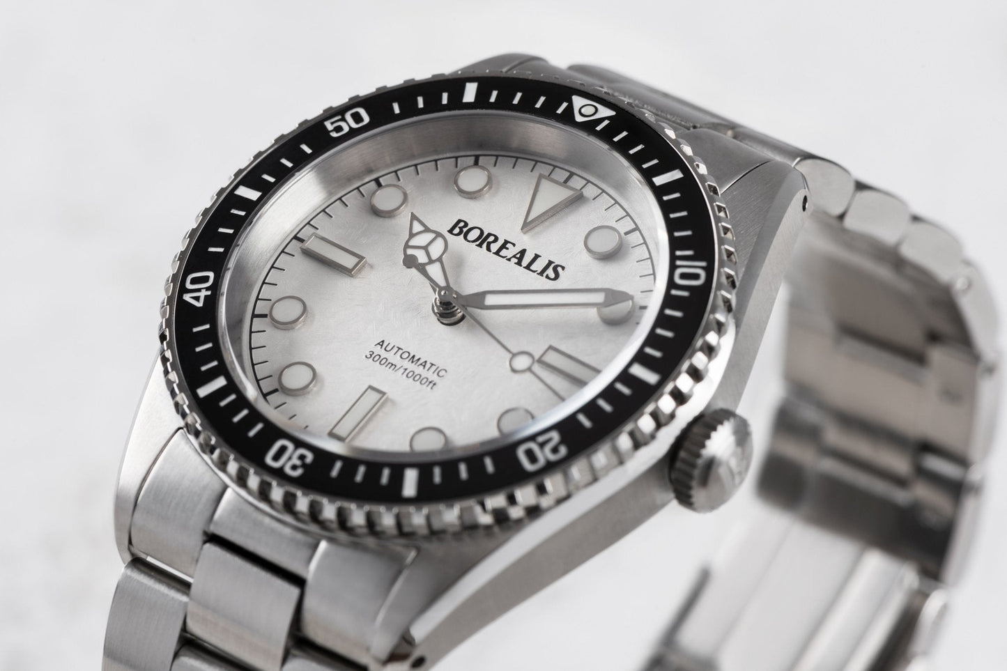 Borealis Bull Shark V2 White Dial Mercedes Hands - Black Ceramic Bezel - No Date